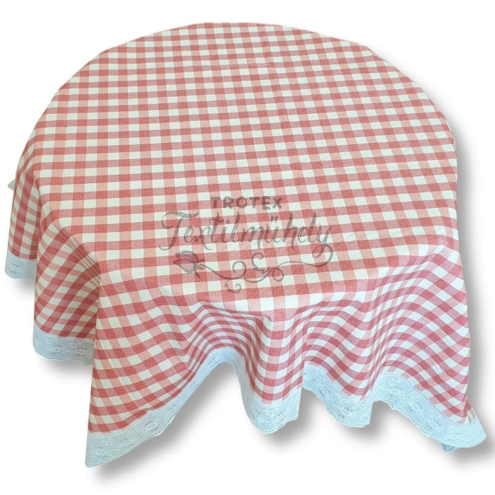 Piros fehér kockás csipkés szélű terítő <br/>Ovális - 152×228 cm